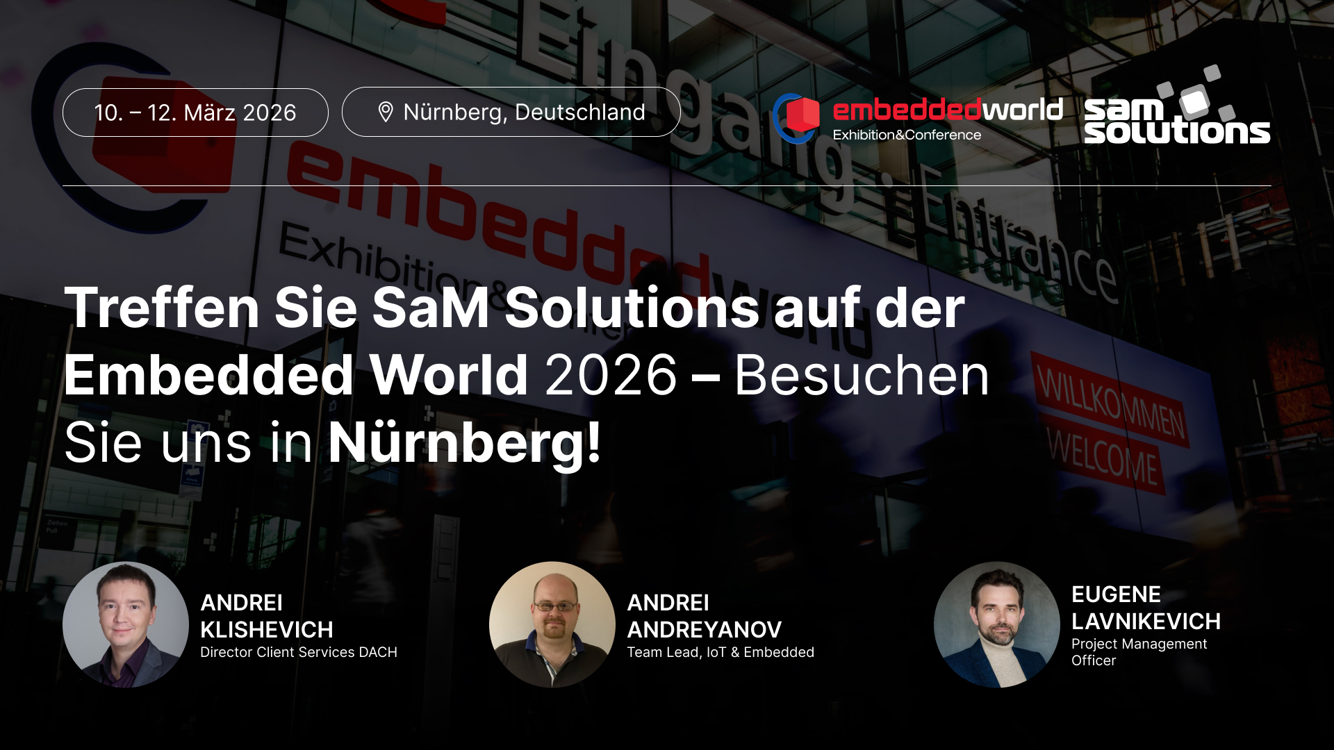 Banner, der die Embedded World Konferenz und den Besuch des SaM-Solutions-Teams bewirbt
